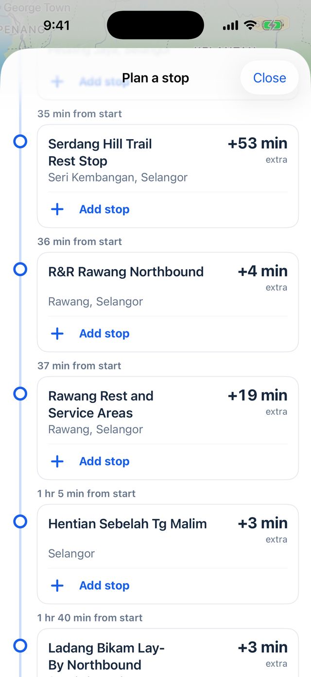 Plan a stop sheet listing rest areas toward Ipoh in driving order, each with extra driving time, such as R&R Rawang Northbound plus 4 minutes.